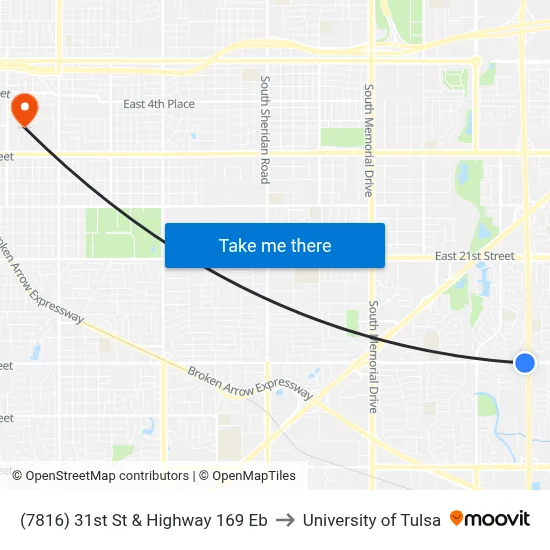 (7816) 31st St & Highway 169 Eb to University of Tulsa map