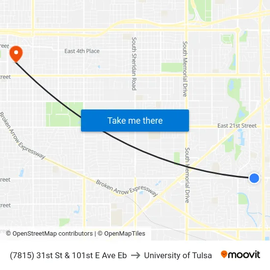 (7815) 31st St & 101st E Ave Eb to University of Tulsa map