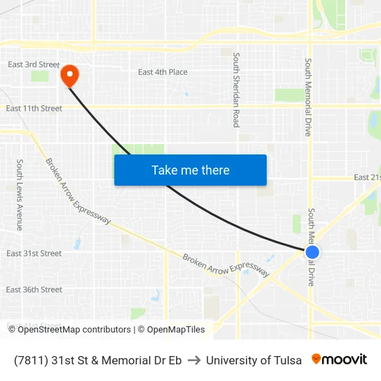 (7811) 31st St & Memorial Dr Eb to University of Tulsa map