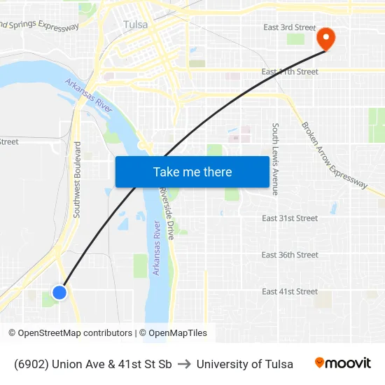(6902) Union Ave & 41st St Sb to University of Tulsa map
