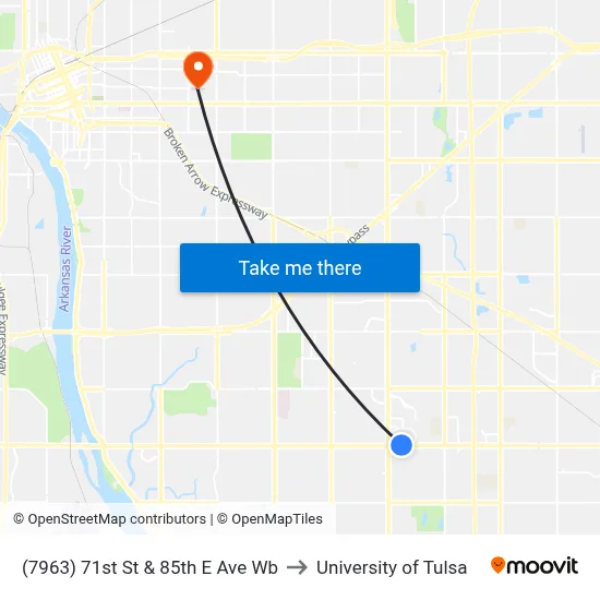 (7963) 71st St & 85th E Ave Wb to University of Tulsa map