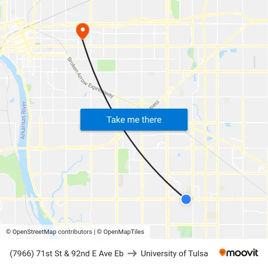 (7966) 71st St & 92nd E Ave Eb to University of Tulsa map