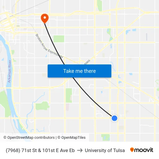 (7968) 71st St & 101st E Ave Eb to University of Tulsa map