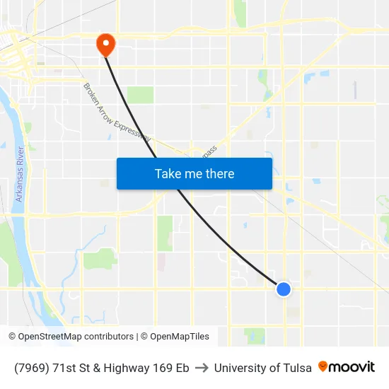 (7969) 71st St & Highway 169 Eb to University of Tulsa map