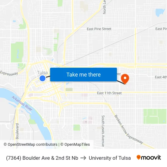 (7364) Boulder Ave & 2nd St Nb to University of Tulsa map