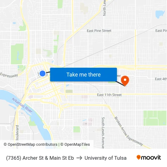 (7365) Archer St & Main St Eb to University of Tulsa map