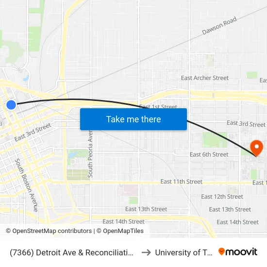 (7366) Detroit Ave & Reconciliation Way to University of Tulsa map