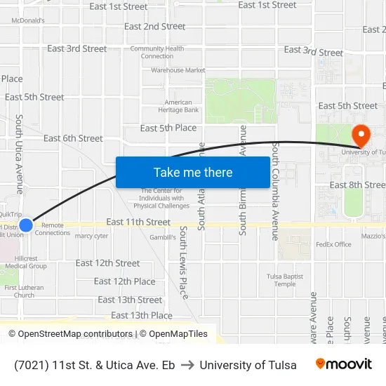 (7021) 11st St. & Utica Ave. Eb to University of Tulsa map