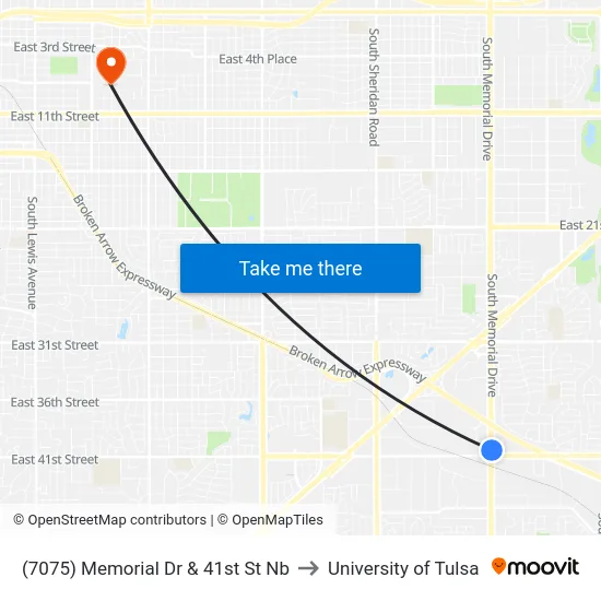 (7075) Memorial Dr & 41st St Nb to University of Tulsa map