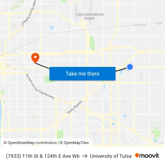 (7933) 11th St & 124th E Ave Wb to University of Tulsa map