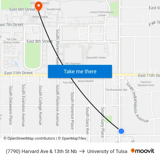 (7790) Harvard Ave & 13th St Nb to University of Tulsa map