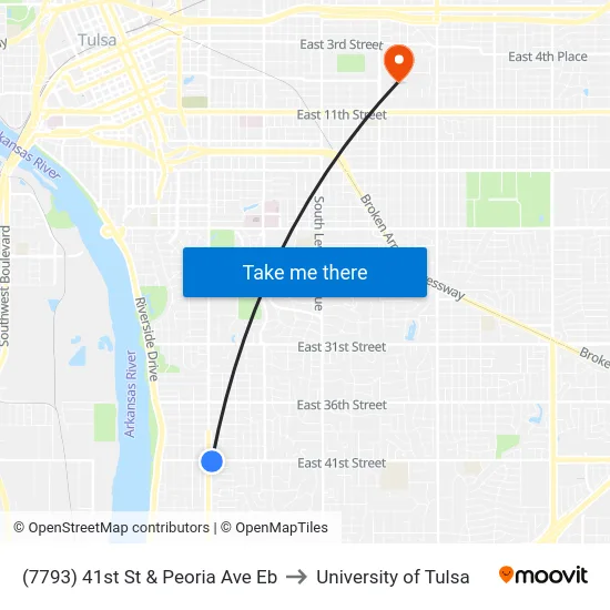 (7793) 41st St & Peoria Ave Eb to University of Tulsa map