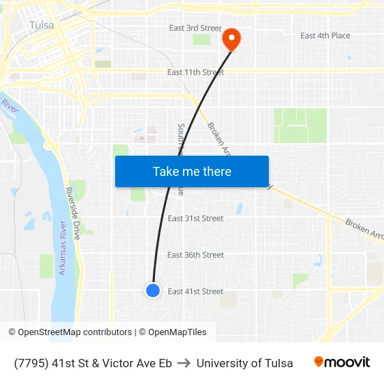(7795) 41st St & Victor Ave Eb to University of Tulsa map