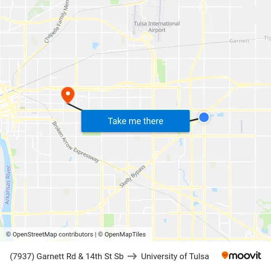 (7937) Garnett Rd & 14th St Sb to University of Tulsa map