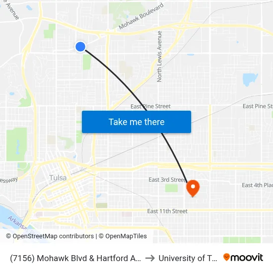(7156) Mohawk Blvd & Hartford Ave Wb to University of Tulsa map