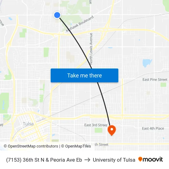 (7153) 36th St N & Peoria Ave Eb to University of Tulsa map