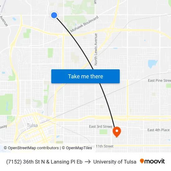 (7152) 36th St N & Lansing Pl Eb to University of Tulsa map