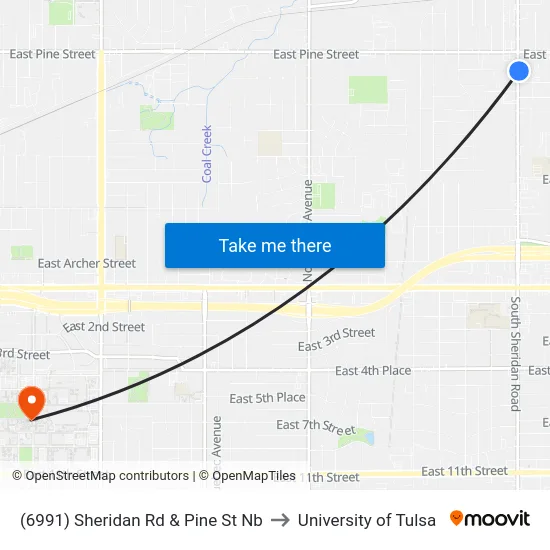 (6991) Sheridan Rd & Pine St Nb to University of Tulsa map
