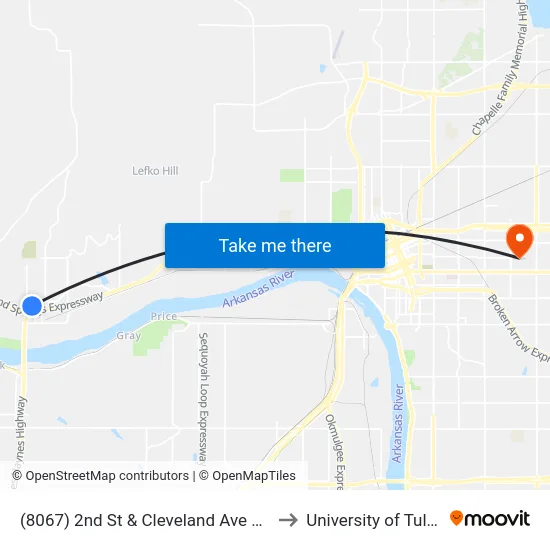 (8067) 2nd St & Cleveland Ave Wb to University of Tulsa map
