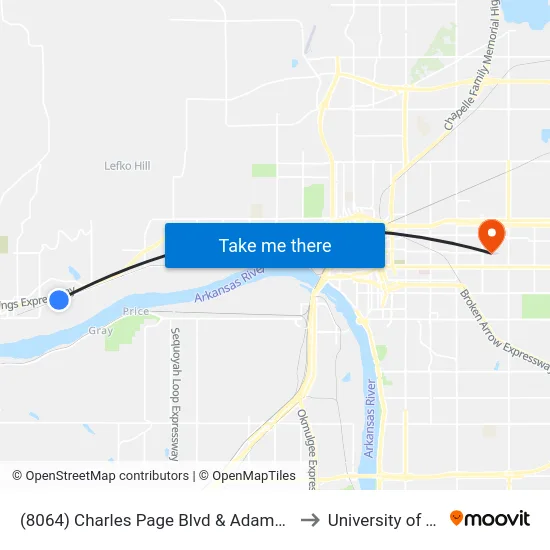 (8064) Charles Page Blvd & Adams Rd 1 Wb to University of Tulsa map