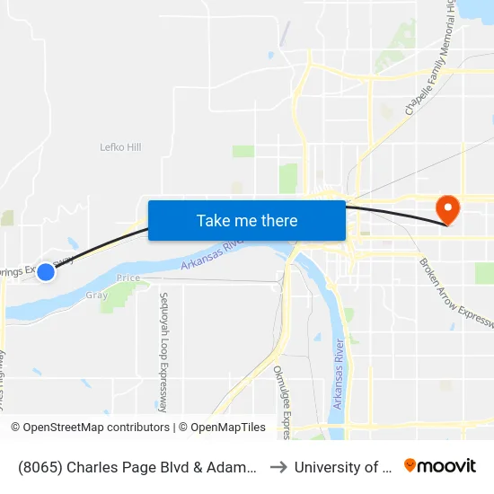 (8065) Charles Page Blvd & Adams Rd 2 Wb to University of Tulsa map