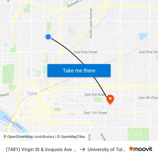 (7481) Virgin St & Iroquois Ave Eb to University of Tulsa map
