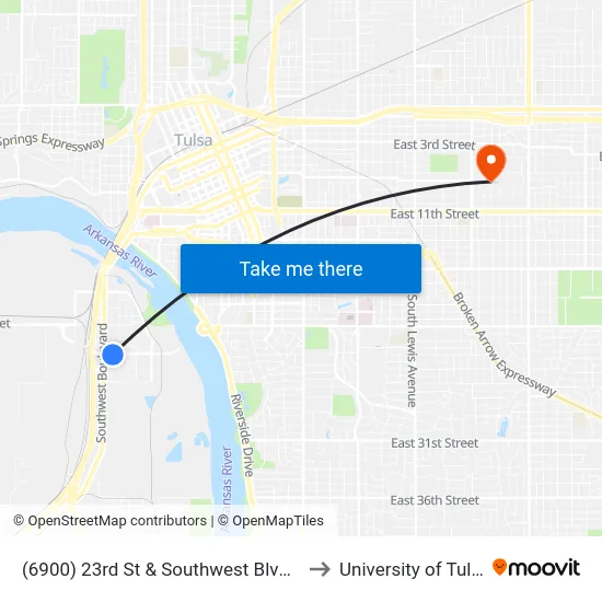 (6900) 23rd St & Southwest Blvd Eb to University of Tulsa map