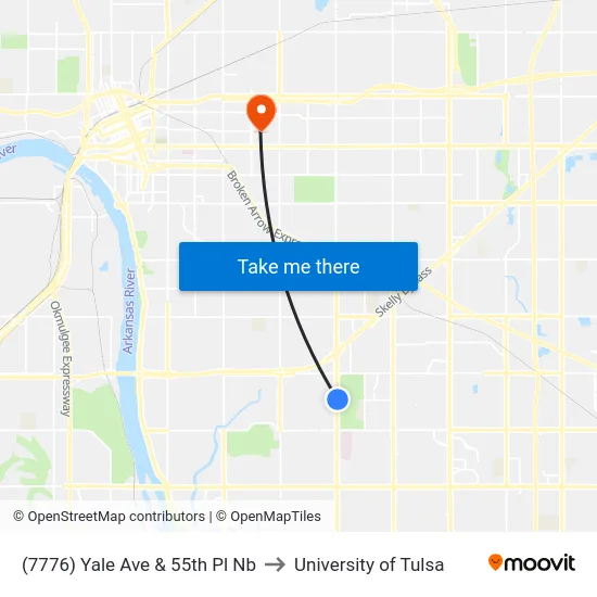 (7776) Yale Ave & 55th Pl Nb to University of Tulsa map