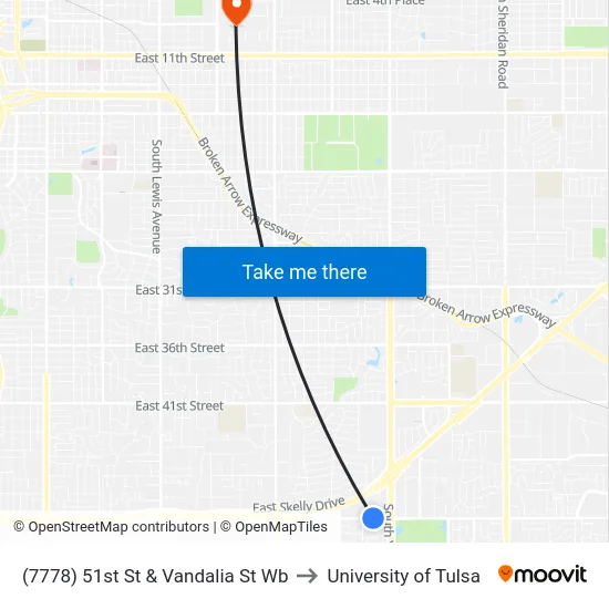 (7778) 51st St & Vandalia St Wb to University of Tulsa map