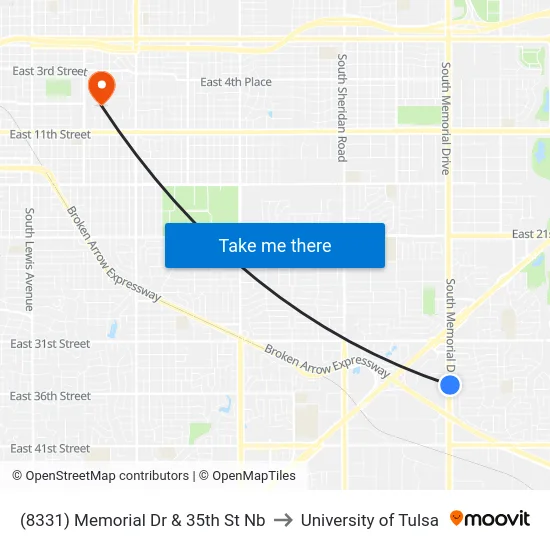 (8331) Memorial Dr & 35th St Nb to University of Tulsa map