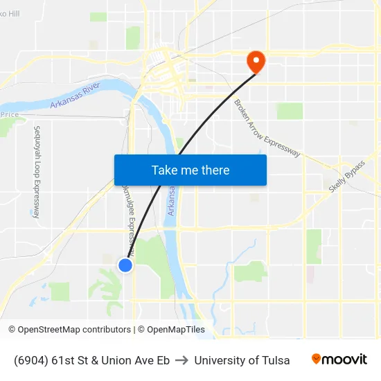 (6904) 61st St & Union Ave Eb to University of Tulsa map