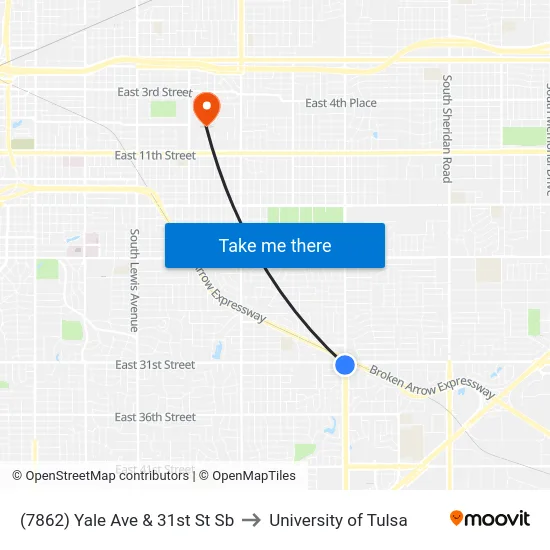 (7862) Yale Ave & 31st St Sb to University of Tulsa map