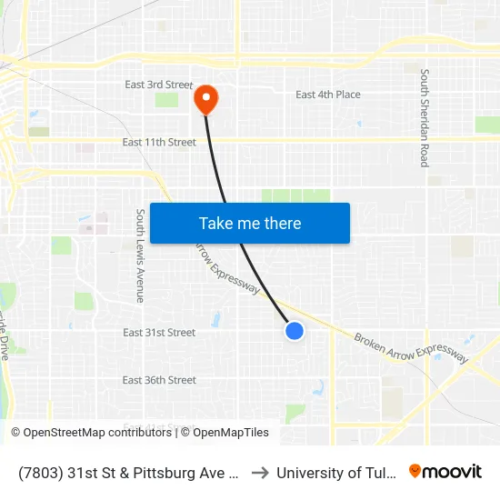 (7803) 31st St & Pittsburg Ave Eb to University of Tulsa map