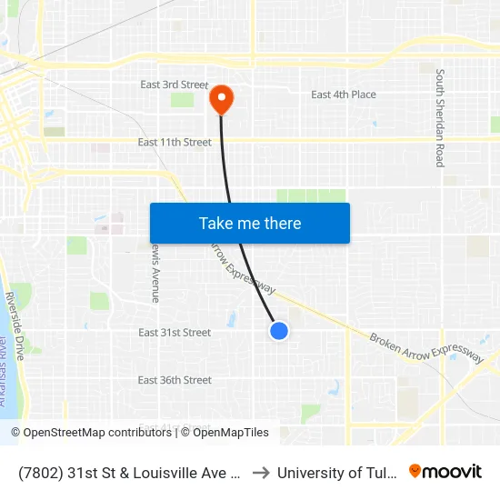 (7802) 31st St & Louisville Ave Eb to University of Tulsa map
