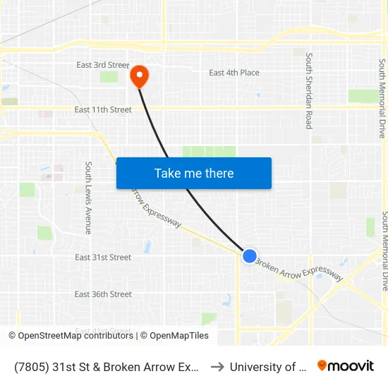(7805) 31st St & Broken Arrow Expressway to University of Tulsa map