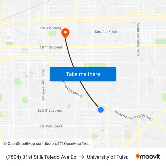 (7804) 31st St & Toledo Ave Eb to University of Tulsa map