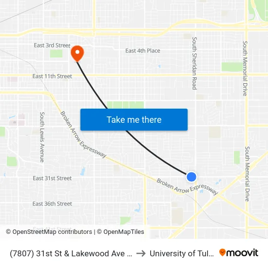 (7807) 31st St & Lakewood Ave Eb to University of Tulsa map