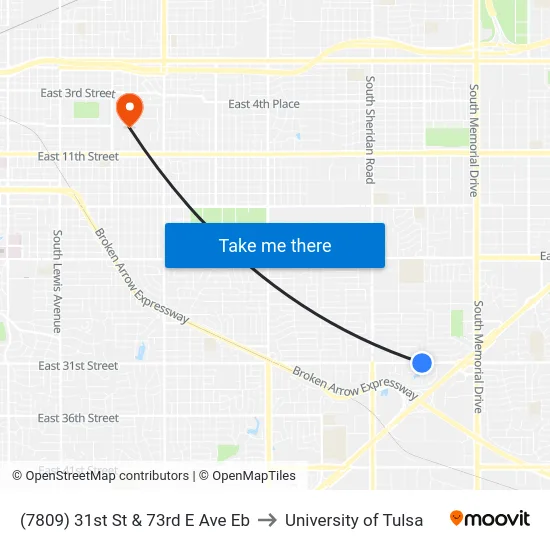 (7809) 31st St & 73rd E Ave Eb to University of Tulsa map