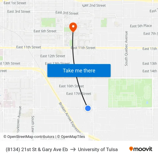 (8134) 21st St & Gary Ave Eb to University of Tulsa map