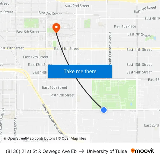 (8136) 21st St & Oswego Ave Eb to University of Tulsa map