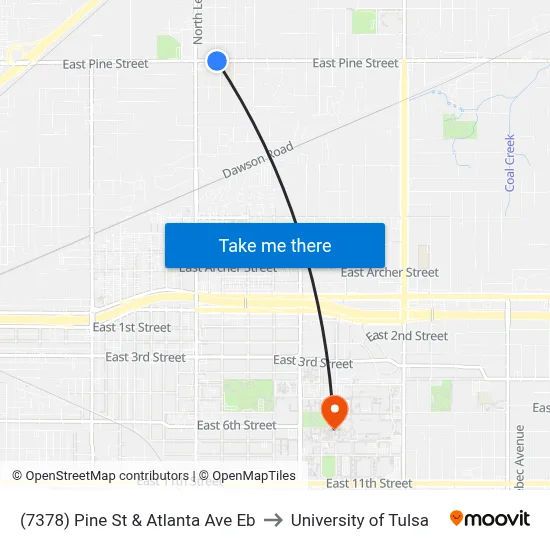 (7378) Pine St & Atlanta Ave Eb to University of Tulsa map