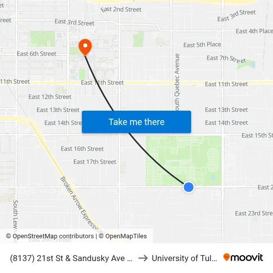 (8137) 21st St & Sandusky Ave Eb to University of Tulsa map