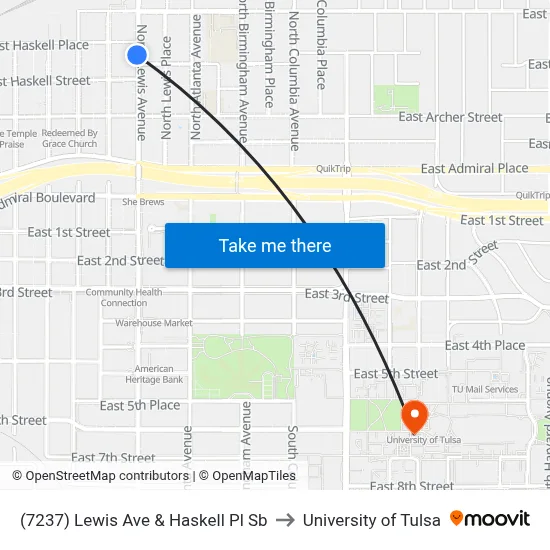 (7237) Lewis Ave & Haskell Pl Sb to University of Tulsa map