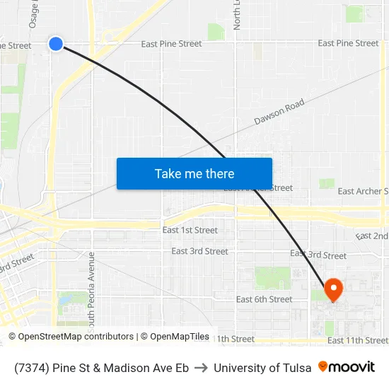 (7374) Pine St & Madison Ave Eb to University of Tulsa map