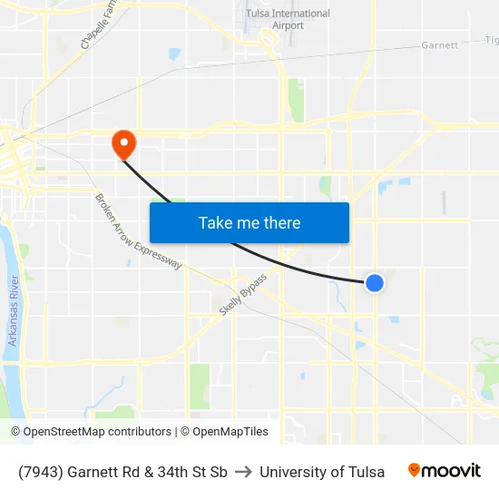 (7943) Garnett Rd & 34th St Sb to University of Tulsa map