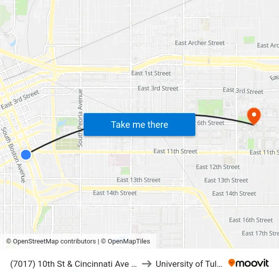 (7017) 10th St & Cincinnati Ave Eb to University of Tulsa map