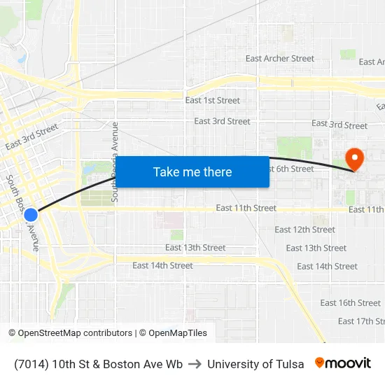 (7014) 10th St & Boston Ave Wb to University of Tulsa map