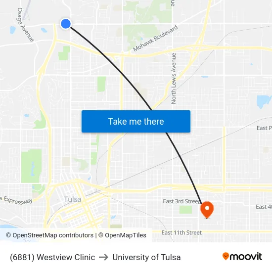 (6881) Westview Clinic to University of Tulsa map