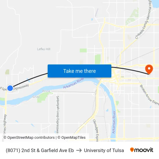 (8071) 2nd St & Garfield Ave Eb to University of Tulsa map