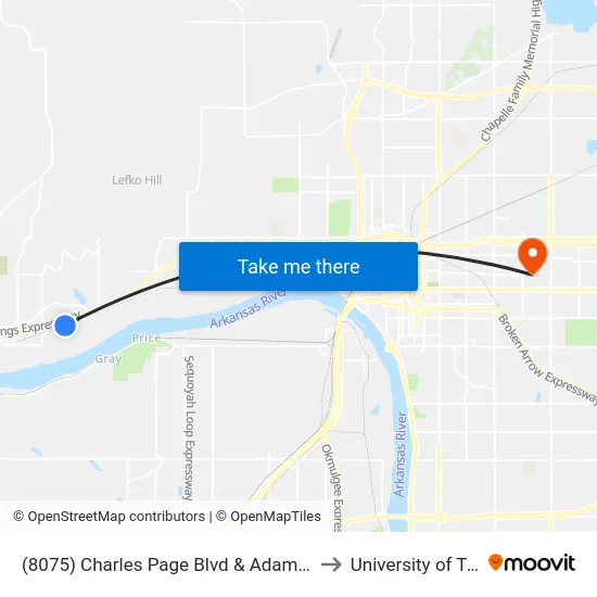 (8075) Charles Page Blvd & Adams Rd Eb to University of Tulsa map